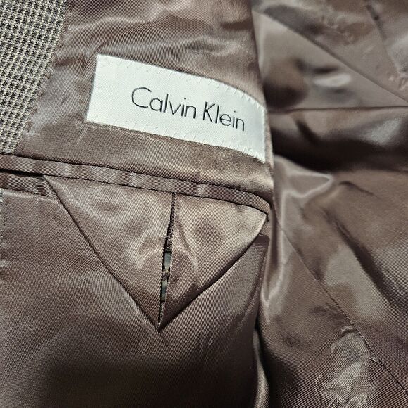 Calvin Klein Tweed Sport Coat Blazer Designer Wool Peak 46R Brown Suit Jacket - Picture 9 of 11